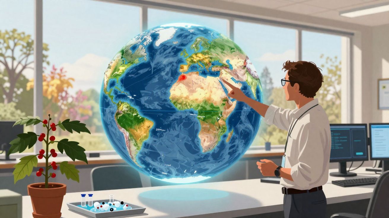 Homem em escritório interage com globo terrestre flutuante exibindo mapa digital do planeta.