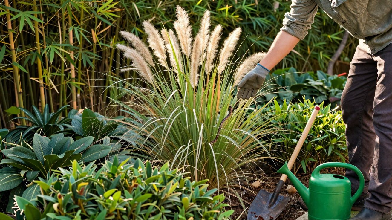 Pessoa cuidando de jardim com plantas variadas, regador verde e pá de jardim perto.