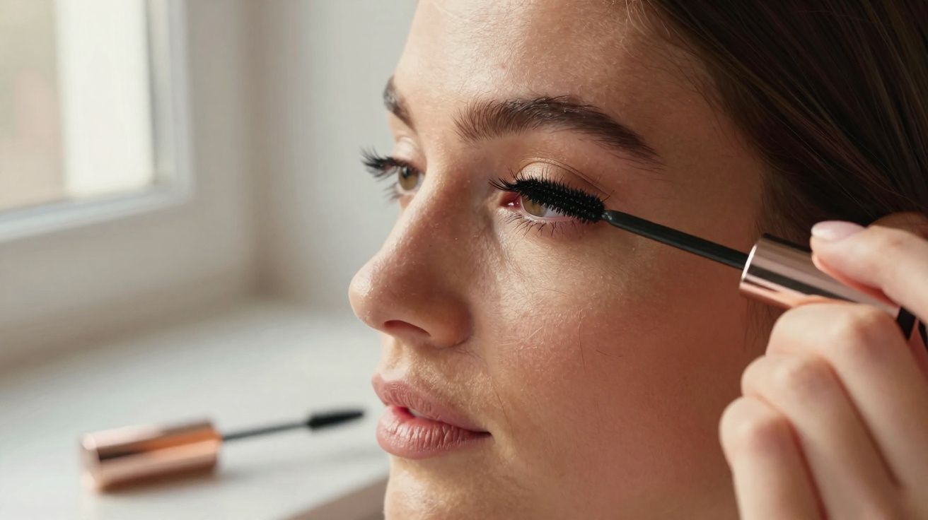 Mulher aplicando rímel preto nos cílios com foco no rosto e luz natural ao fundo.