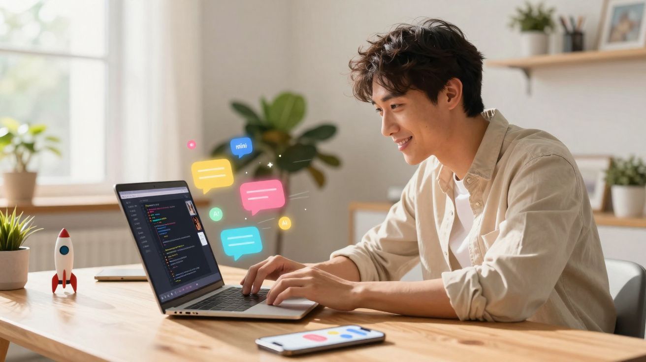 Jovem sorridente usando laptop em mesa com notificações de mensagens coloridas flutuando ao redor.