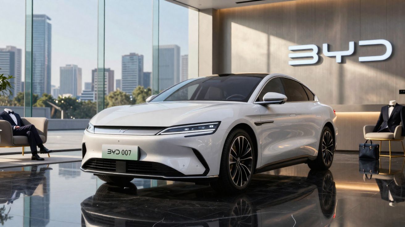 Carro elétrico BYD 007 branco em showroom moderno com paredes de vidro e vista para cidade.