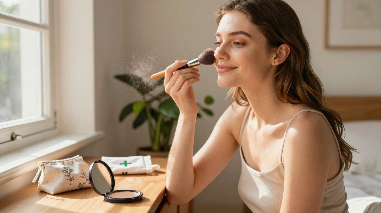Mulher aplicando pó facial com pincel, sentada em uma mesa próxima à janela, em um ambiente iluminado.