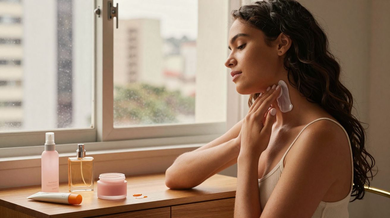 Mulher aplicando creme no pescoço com produtos de beleza sobre mesa próxima à janela.
