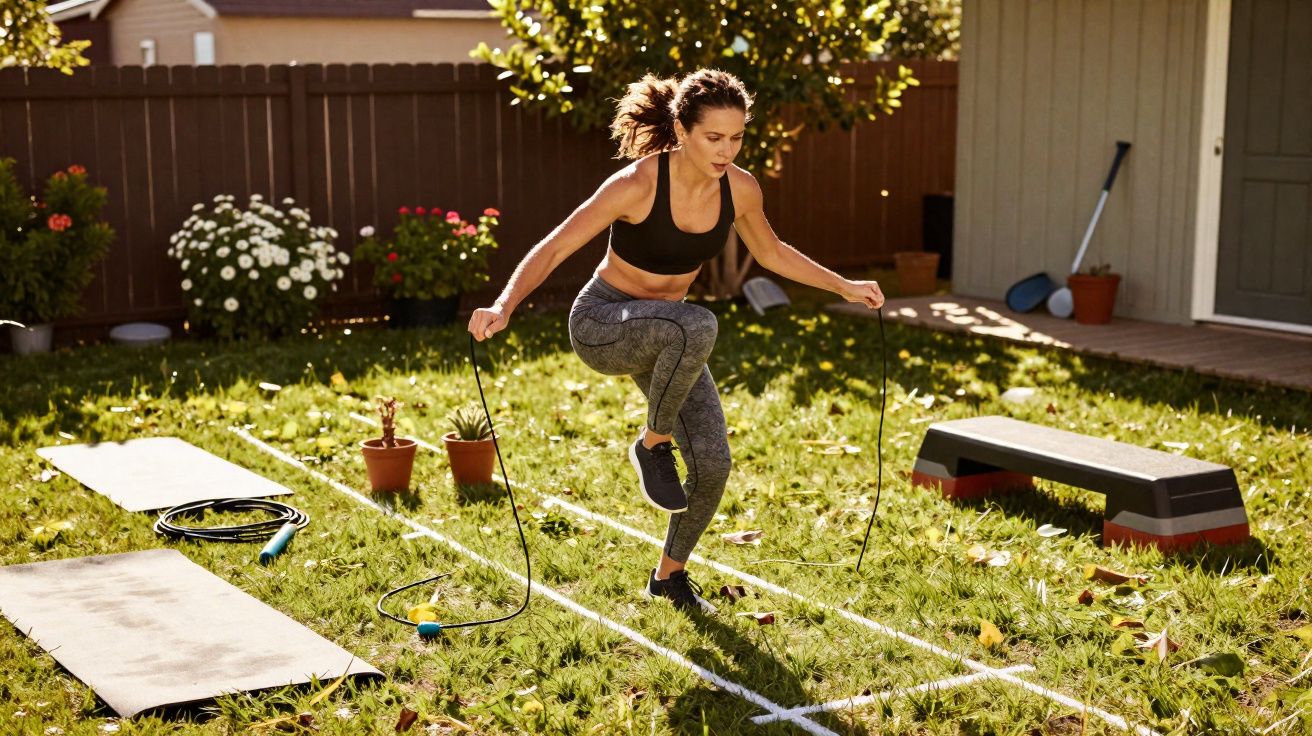 Mulher pulando corda no jardim, com colchonete e banco de treino ao redor em dia ensolarado.