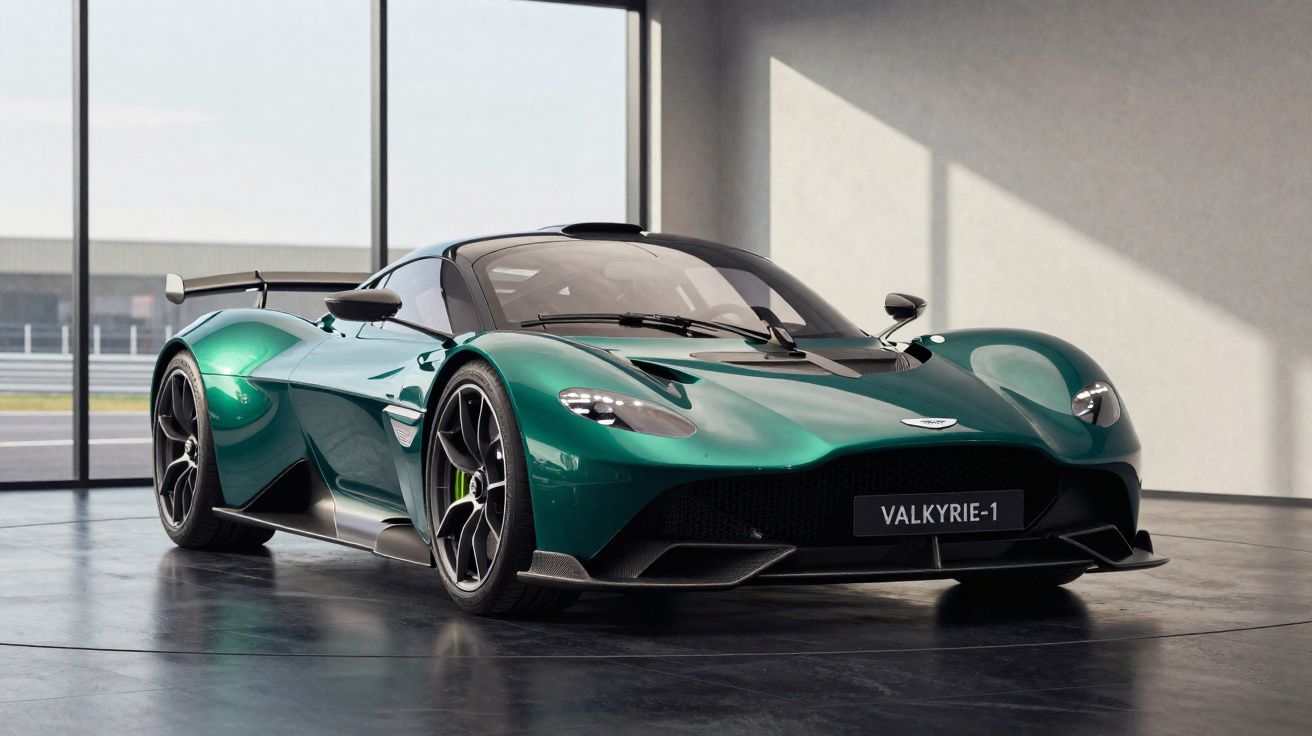 Carro esportivo verde metálico Aston Martin Valkyrie em ambiente interno com piso refletivo.