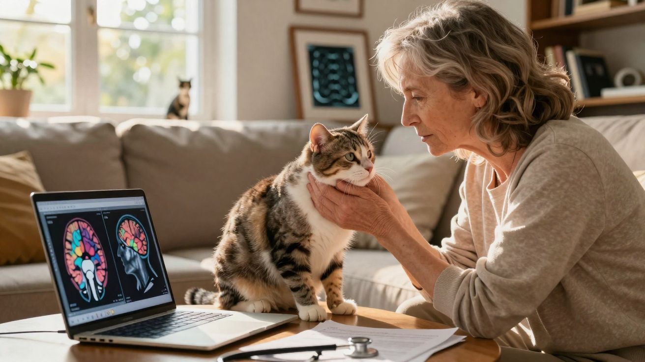 Mulher idosa acariciando gato ao lado de laptop com imagens do cérebro em uma mesa na sala.