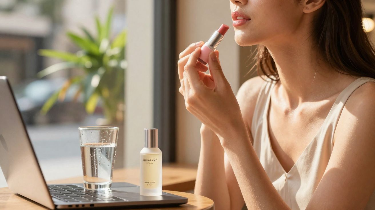Mulher segurando batom rosa ao lado de laptop, copo d'água e frasco de cosmético em mesa perto da janela.