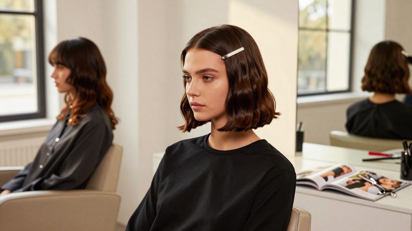 Mulher com cabelo curto ondulado preso com presilha branca, sentada em salão de beleza moderno.
