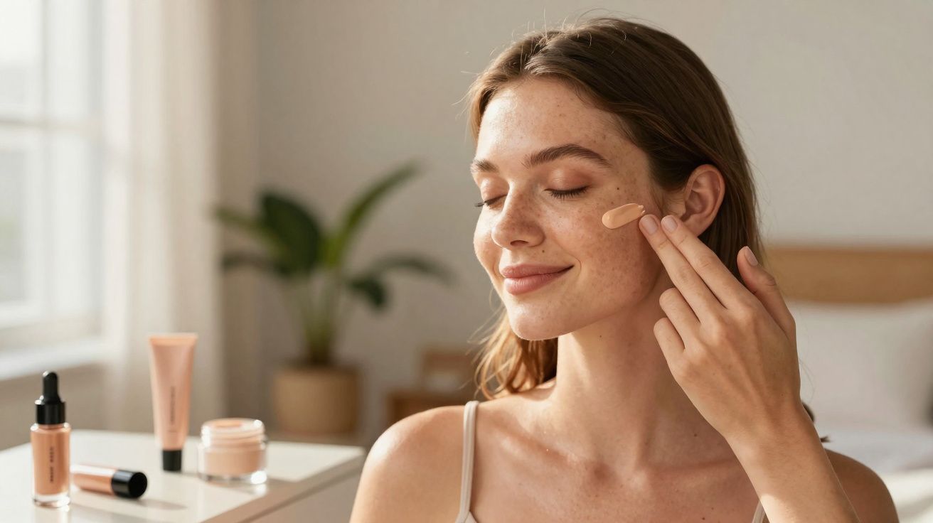 Mulher aplicando base no rosto com dedo em ambiente iluminado e produtos de maquiagem ao fundo.