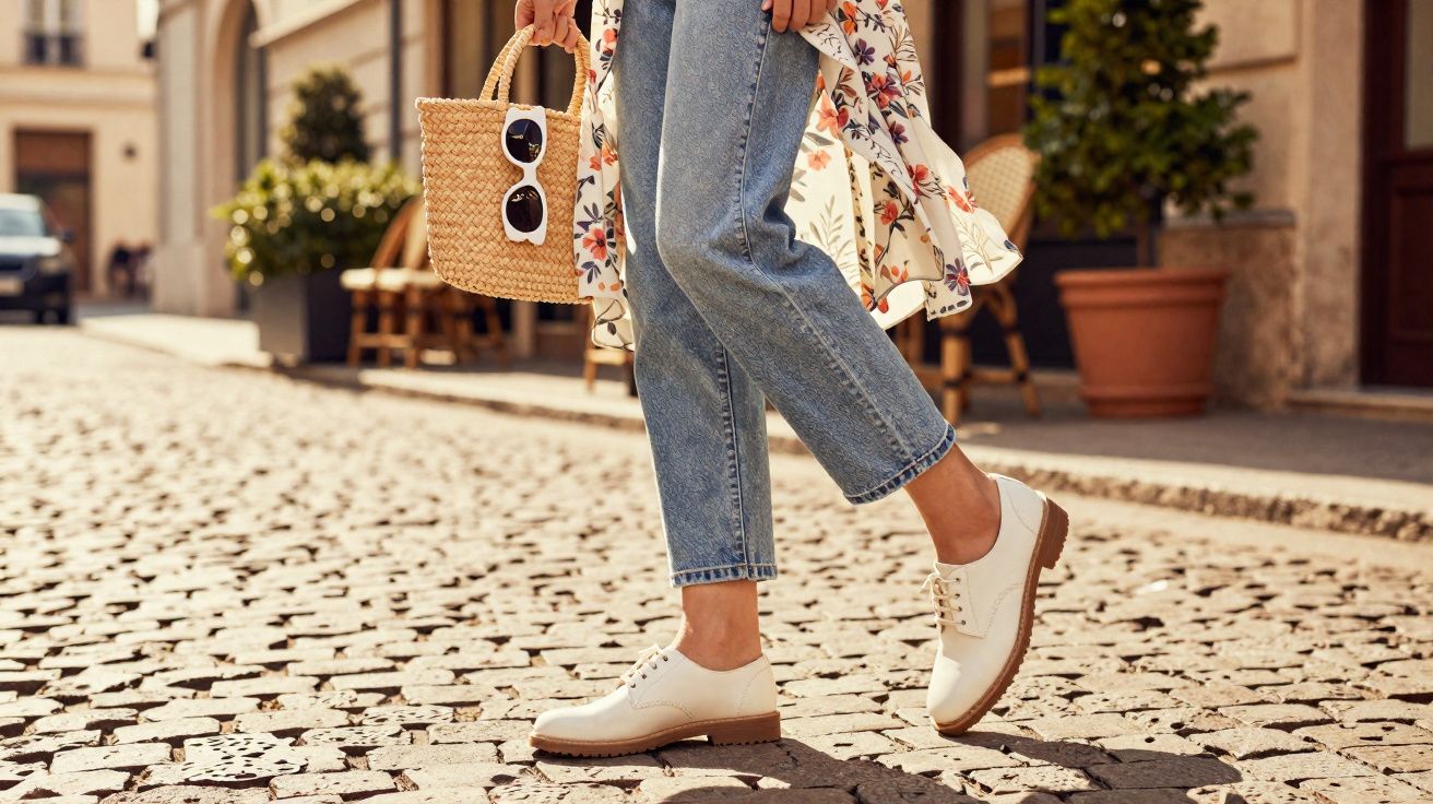 Mulher caminhando com jeans, sapatos brancos e bolsa de palha em rua de pedra ensolarada.