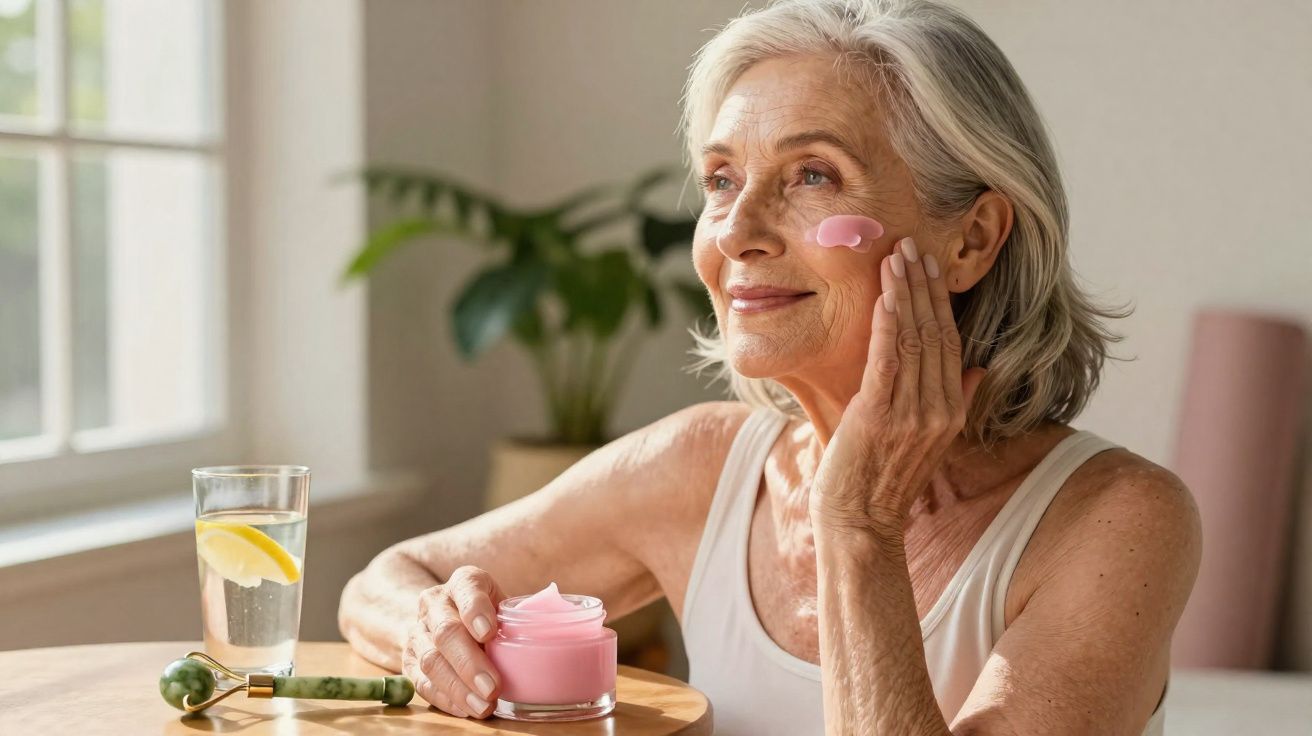 Mulher idosa aplicando creme facial rosa em ambiente iluminado, com copo de água e planta ao fundo.