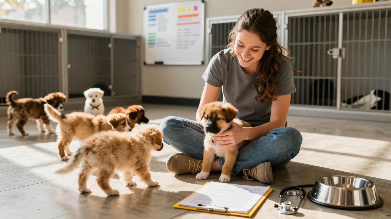 Mulher sentada no chão cuidando de filhotes de cachorro em abrigo, com prancheta e comedouro ao lado.