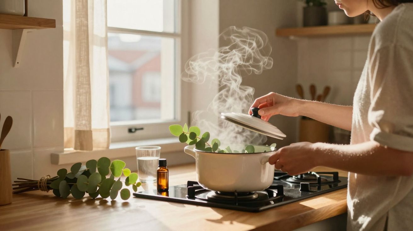 Pessoa cobrindo panela com vapor que contém folhas verdes em cozinha iluminada pela janela.