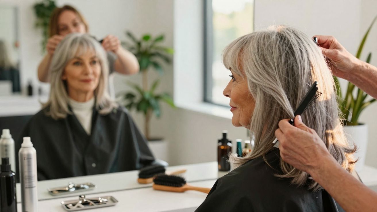 Mulher com cabelo grisalho sendo penteada em salão moderno, refletida no espelho durante o corte.