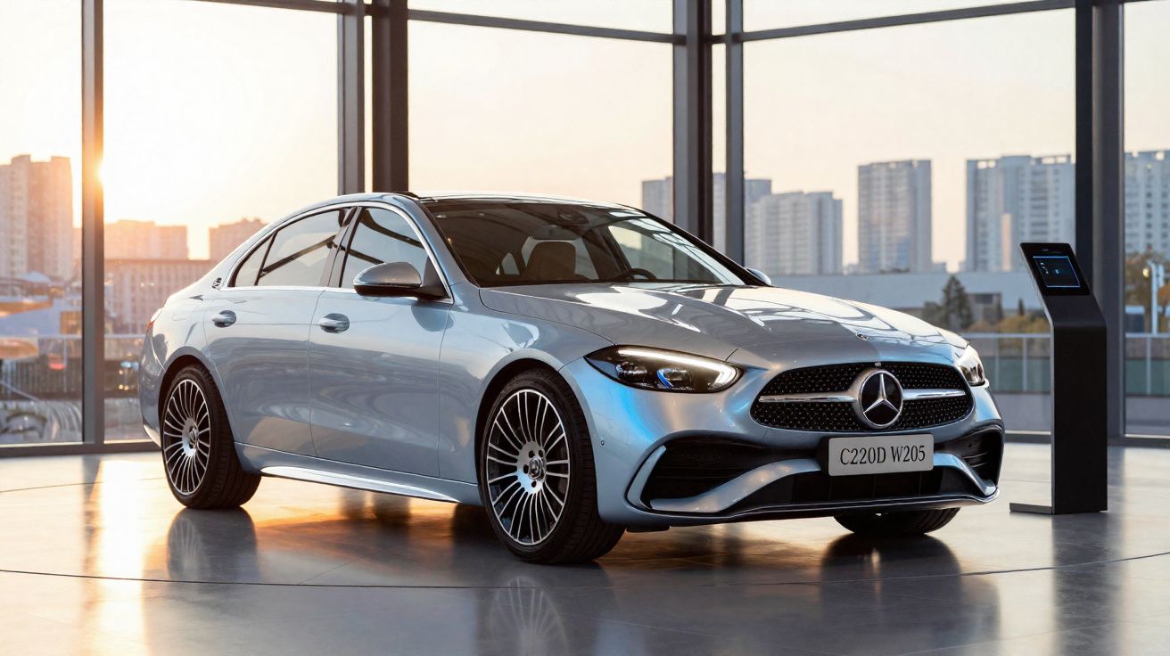 Carro Mercedes-Benz C220D W205 prata exibido em showroom com grandes janelas e vista urbana ao fundo.