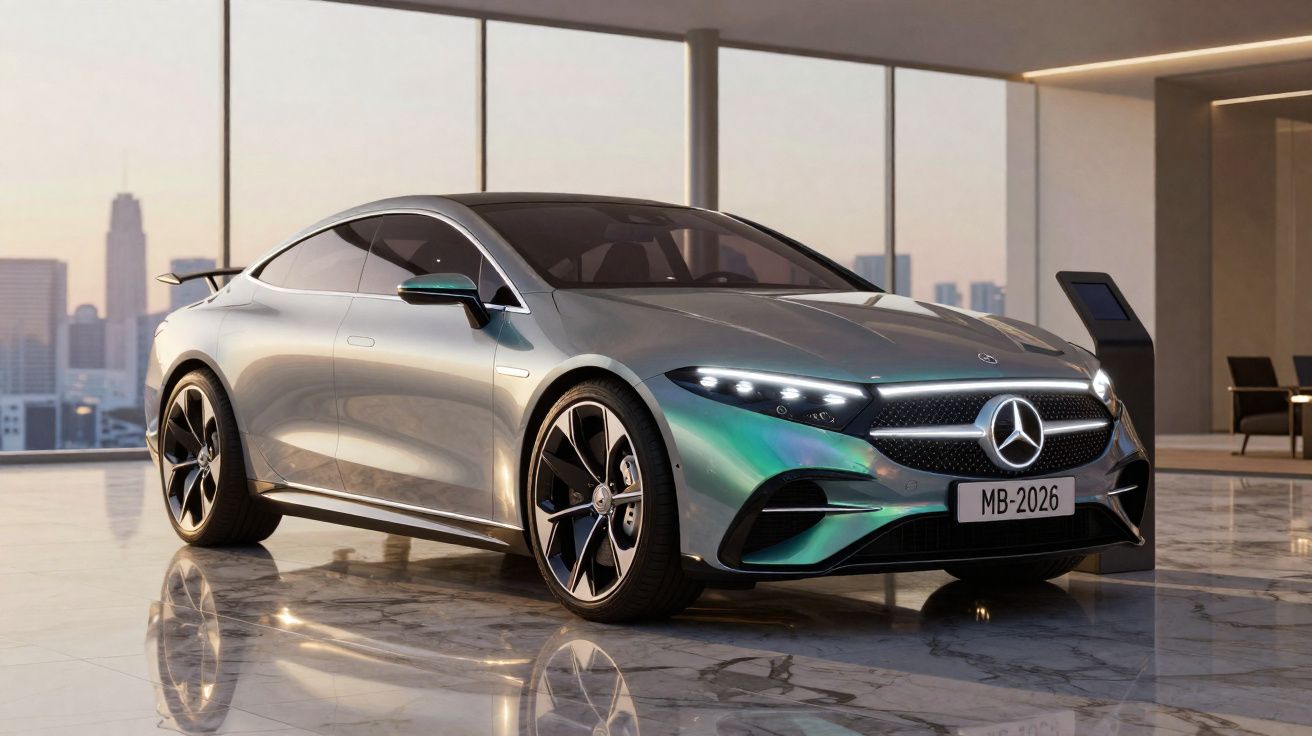 Carro esportivo elétrico Mercedes-Benz prata em showroom moderno com piso de mármore e vista urbana ao fundo.