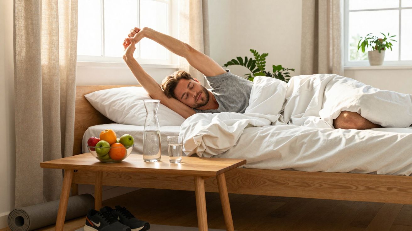 Homem acordando na cama branca, espreguiçando-se perto de janela, com mesa e frutas ao lado.