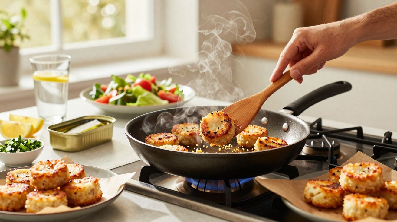 Mão virando bolinhos dourados em frigideira no fogão, com salada e copo de água ao fundo.