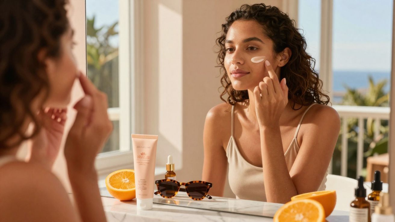 Mulher aplicando creme facial na pele, frente ao espelho, com laranjas e produtos de beleza na bancada.