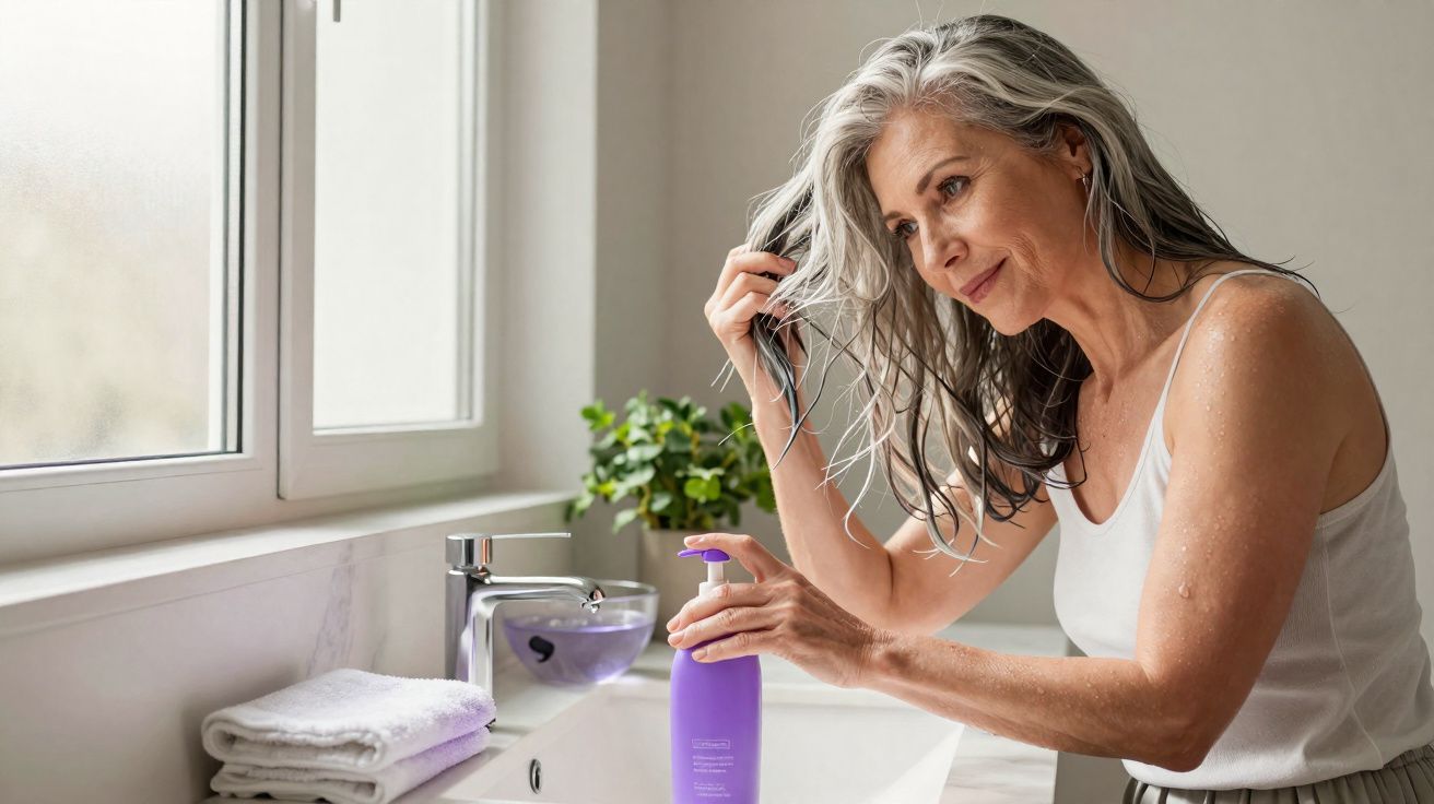 Mulher usando regata branca aplica produto roxo no cabelo úmido em banheiro com janela e planta.