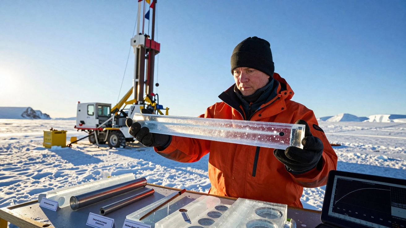 Pesquisador em traje laranja segura amostra de gelo ao ar livre em região nevada com equipamento científico.