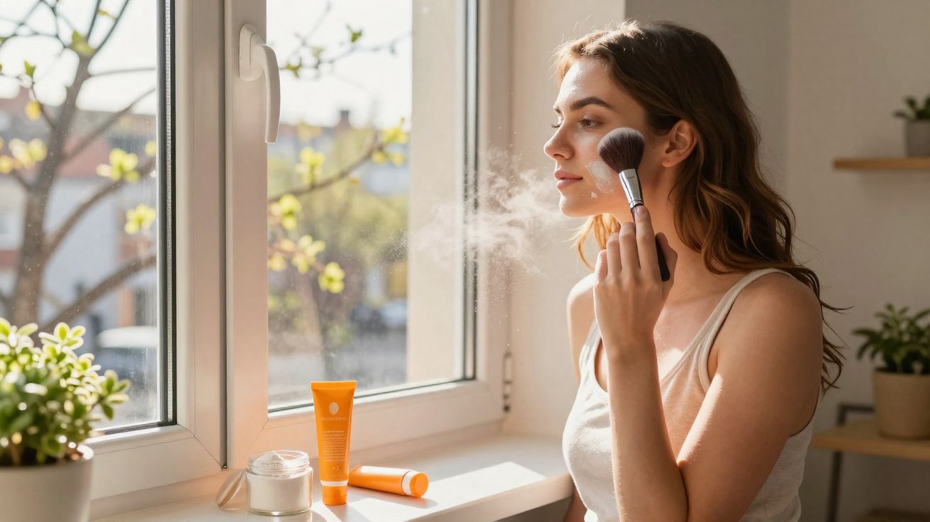 Mulher aplica maquiagem com pincel ao lado de janela, com plantas e produtos cosméticos na mesa.