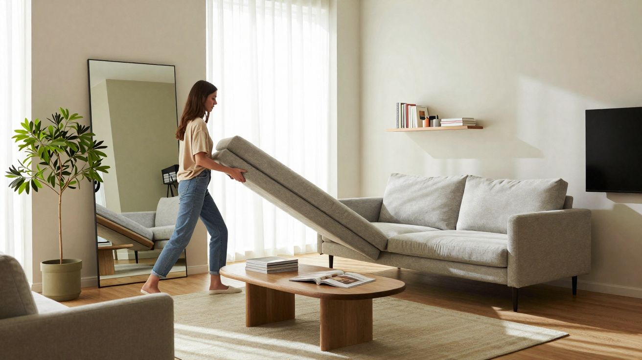 Mulher ajusta sofá-cama em sala com sofá cinza, mesa de madeira, planta e espelho grande.