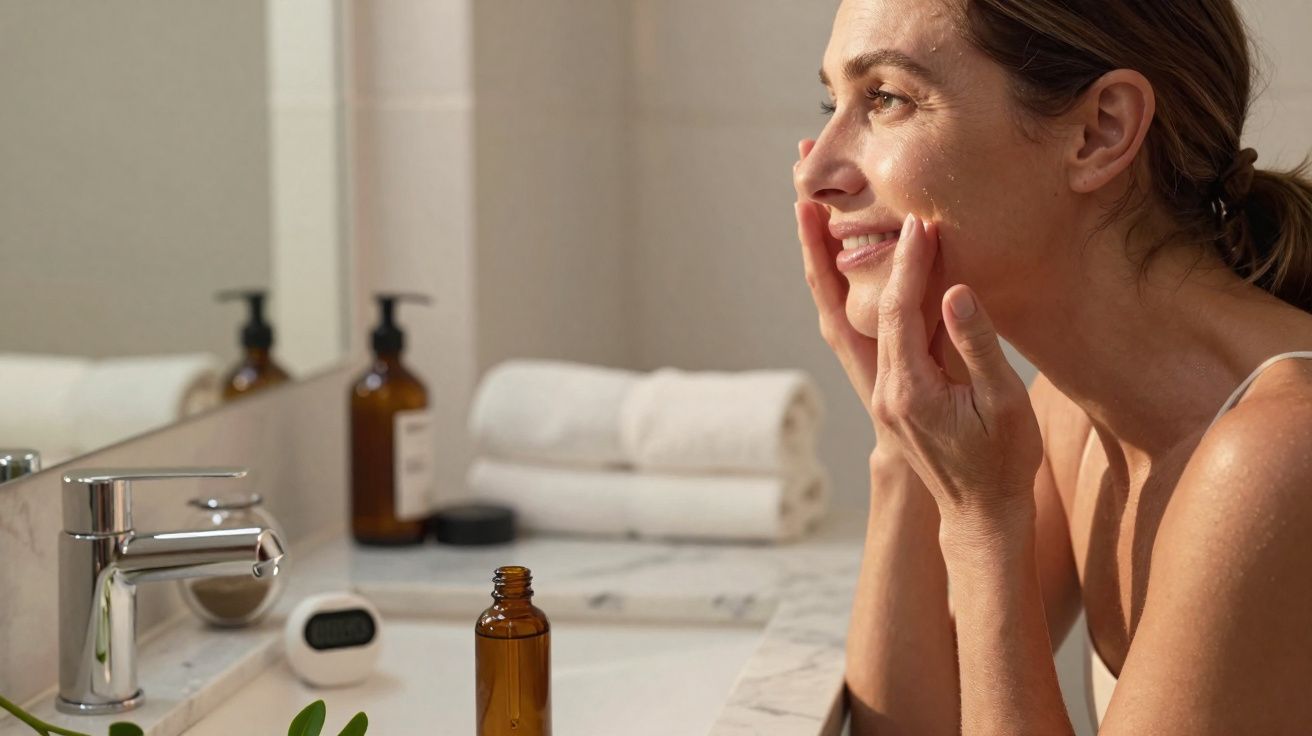 Mulher sorrindo aplica creme no rosto diante do espelho em banheiro iluminado.