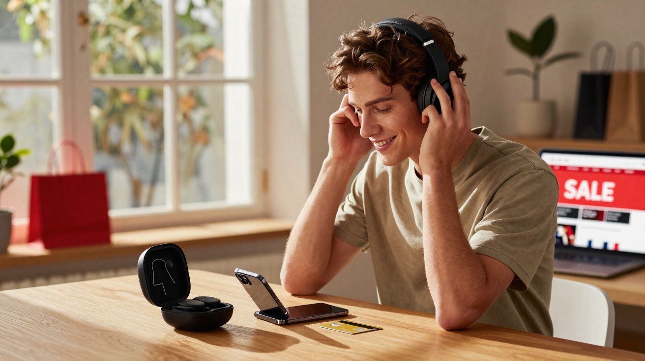 Jovem sorrindo usa fone de ouvido sem fio enquanto acessa smartphone na mesa com cartão e laptop ao fundo.