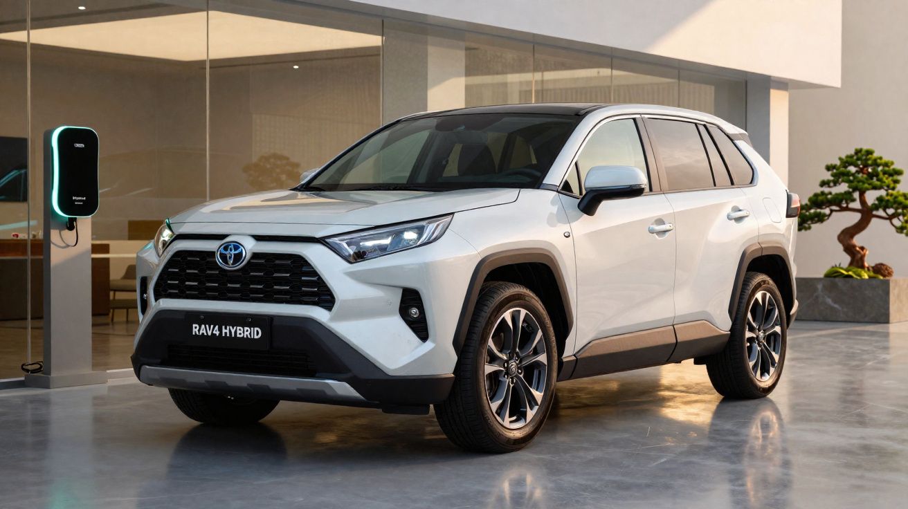 Carro SUV branco Toyota RAV4 Hybrid estacionado em garagem com carregador de veículo elétrico.