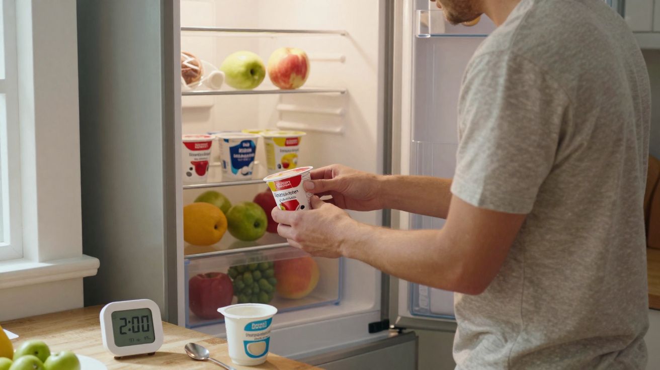 Homem pega pote de iogurte na geladeira com frutas frescas dentro e relógio marcando 2:00.
