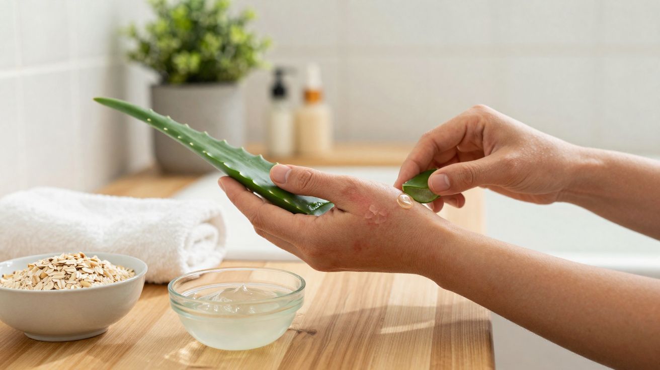 Mãos extraindo gel de folha de aloe vera com toalha, aveia e gel no banheiro ao fundo.