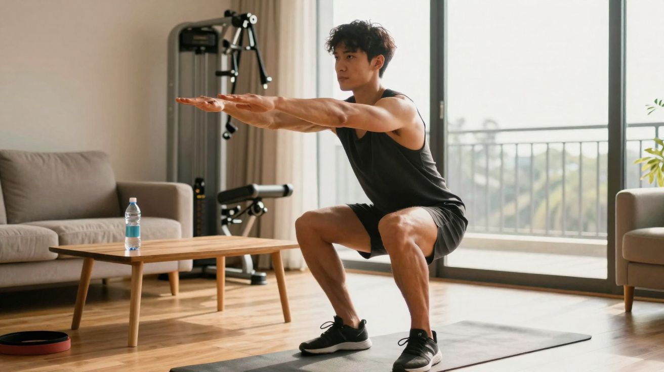 Homem faz exercício de agachamento em sala de estar com sofá, mesa de centro e aparelho de musculação.