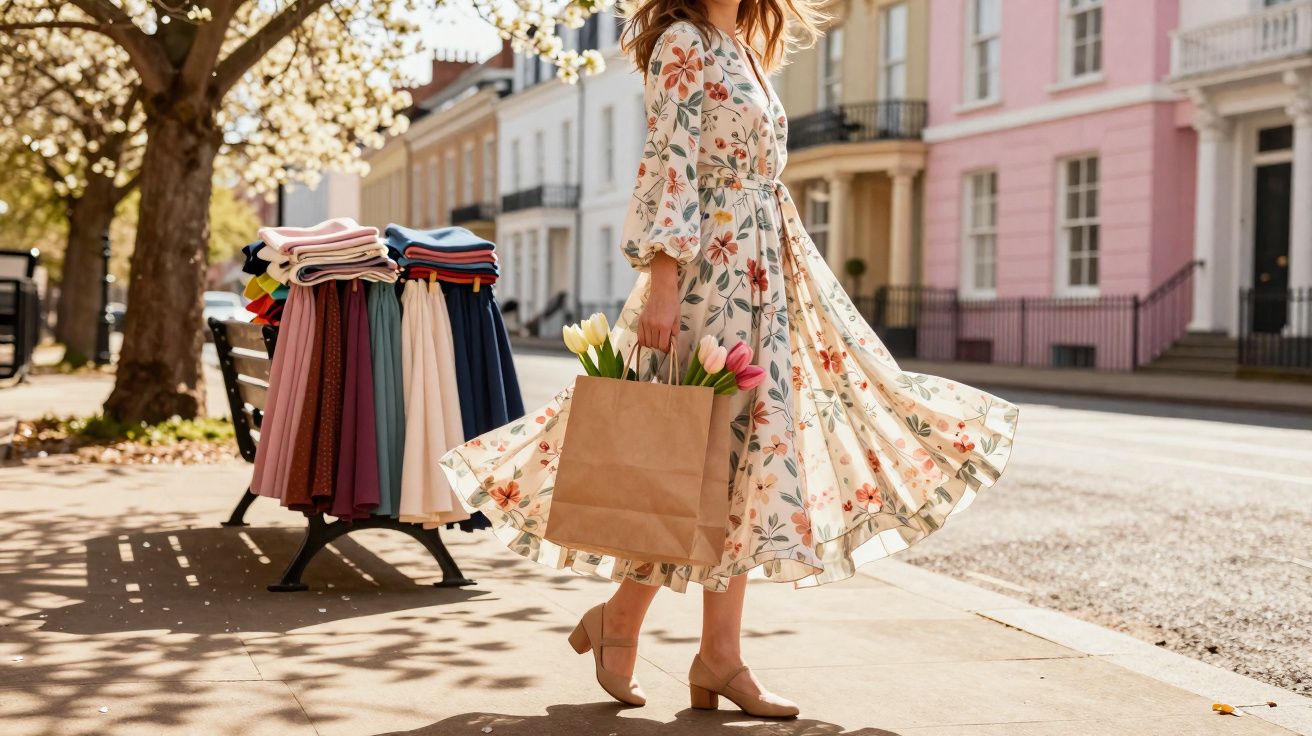Mulher com vestido floral e sapatos de salto baixo caminha na calçada com sacola de papel e tulipas.