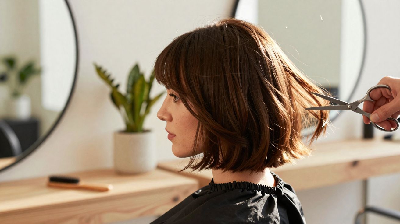 Mulher de perfil com cabelo curto sendo cortado por cabeleireiro em salão de beleza moderno.