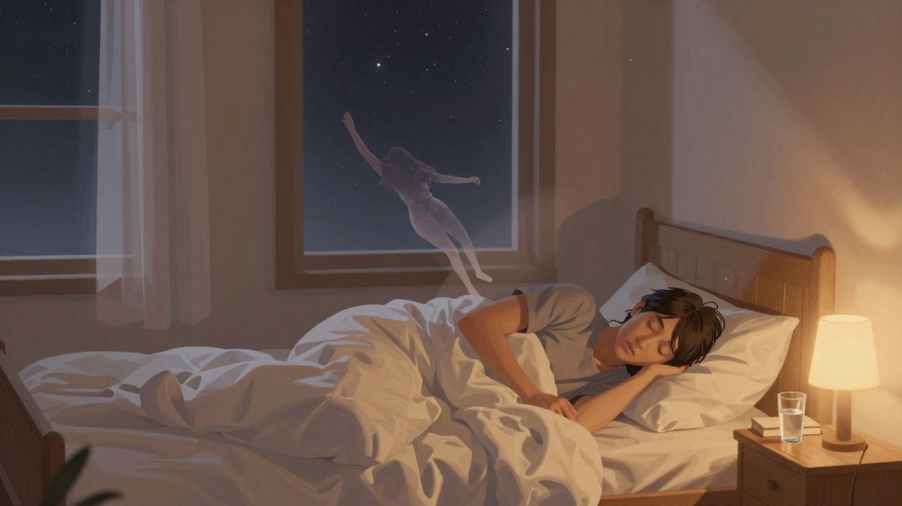 Homem dormindo na cama enquanto espírito feminino flutua pela janela aberta à noite.