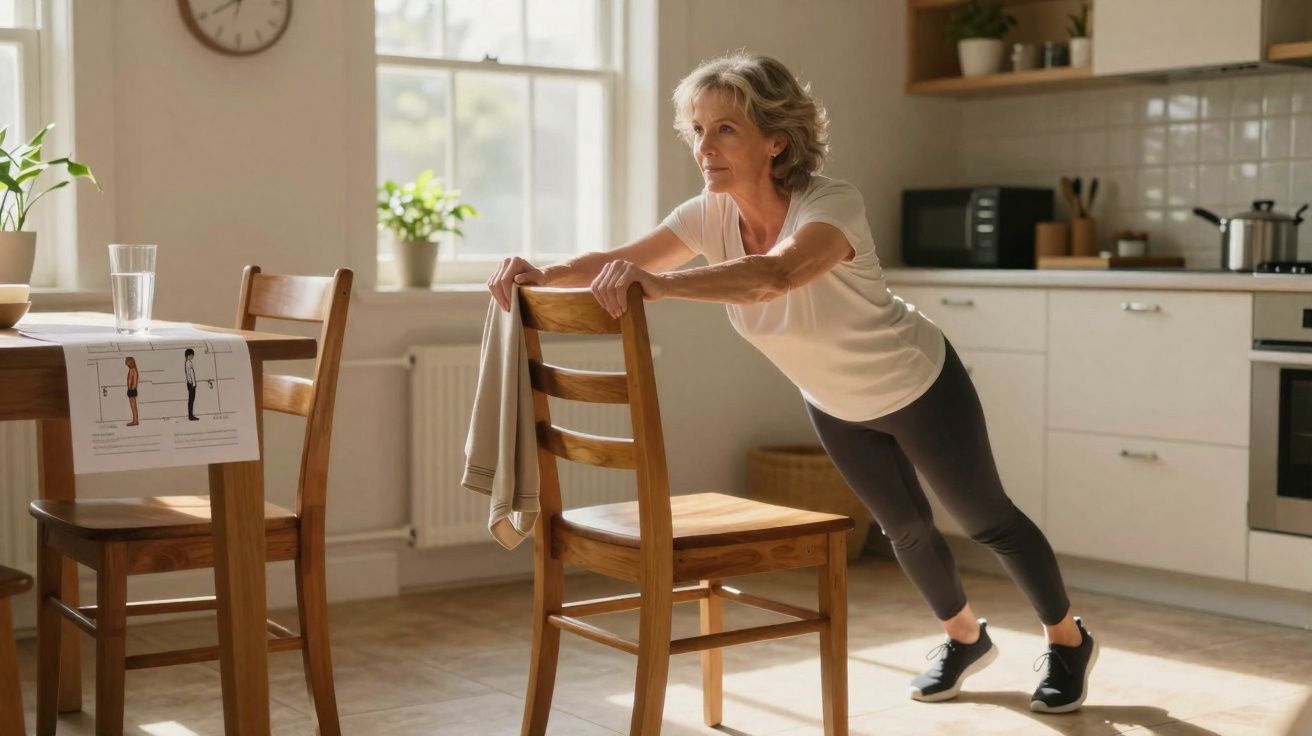 Mulher madura fazendo exercícios de alongamento apoiada em cadeira em cozinha iluminada.