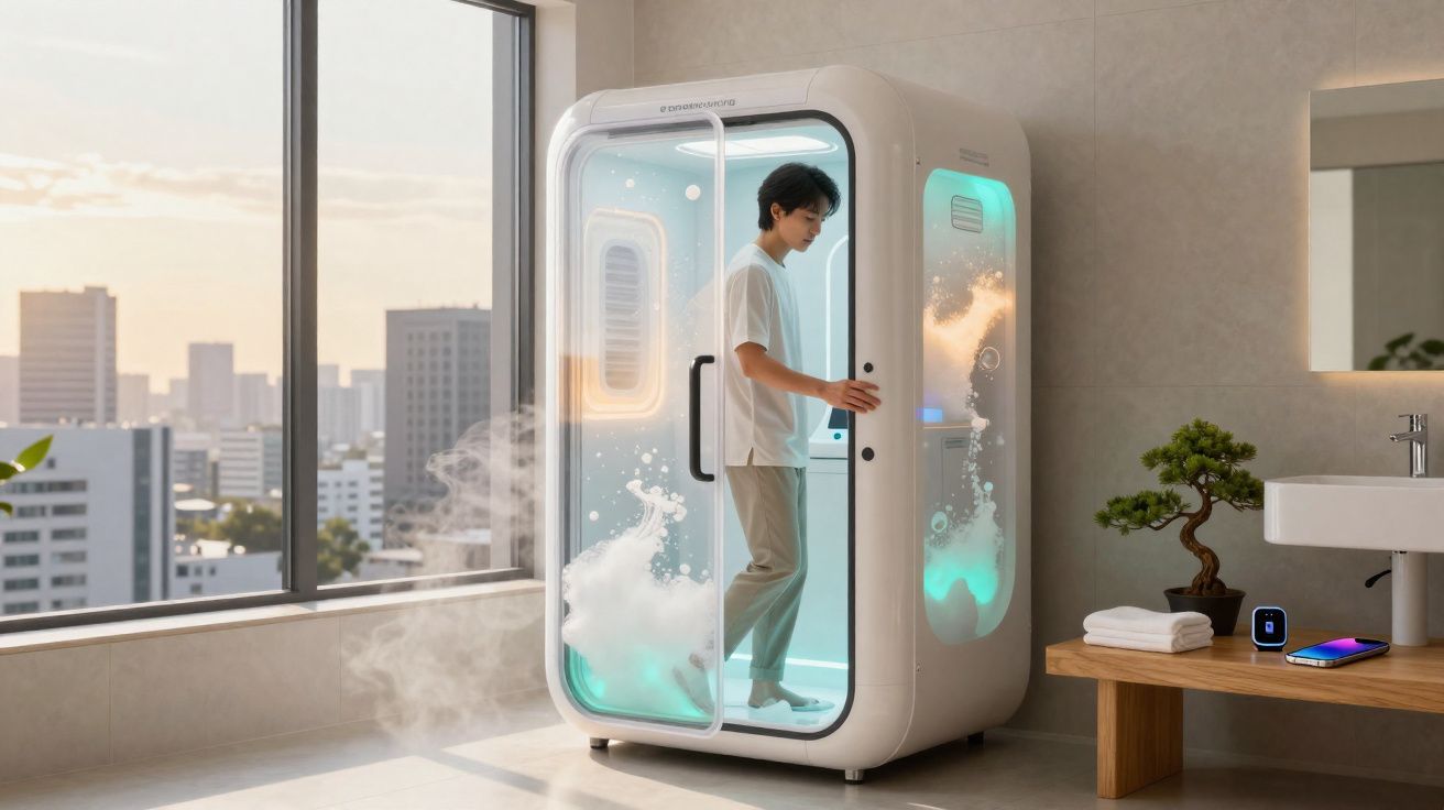 Homem dentro de cabine futurista de banho no banheiro com janela ampla e vista para cidade ao pôr do sol.