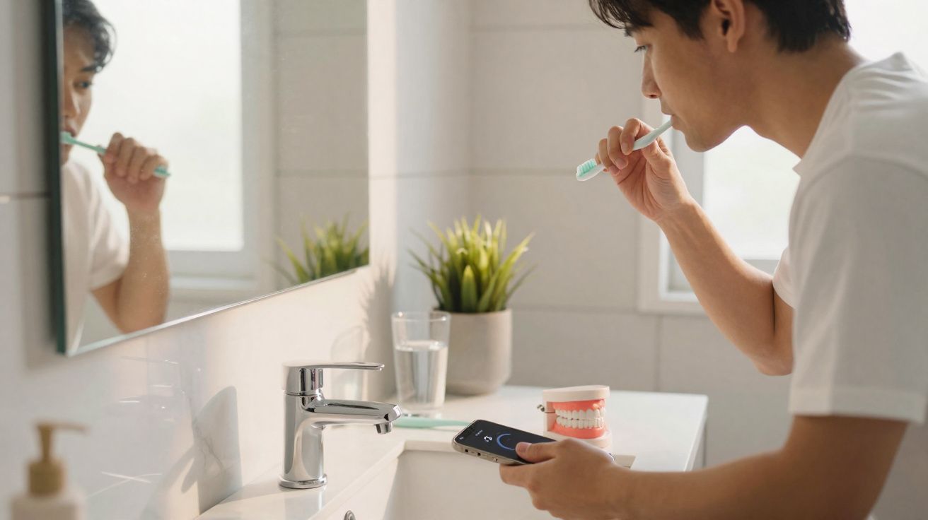Homem escovando os dentes enquanto segura um celular no banheiro moderno com pia e espelho.