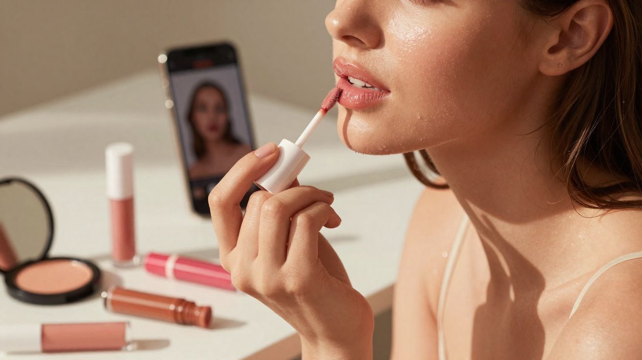 Mulher aplicando gloss labial rosa, com espelho de maquiagem e celular ao fundo em uma mesa branca.