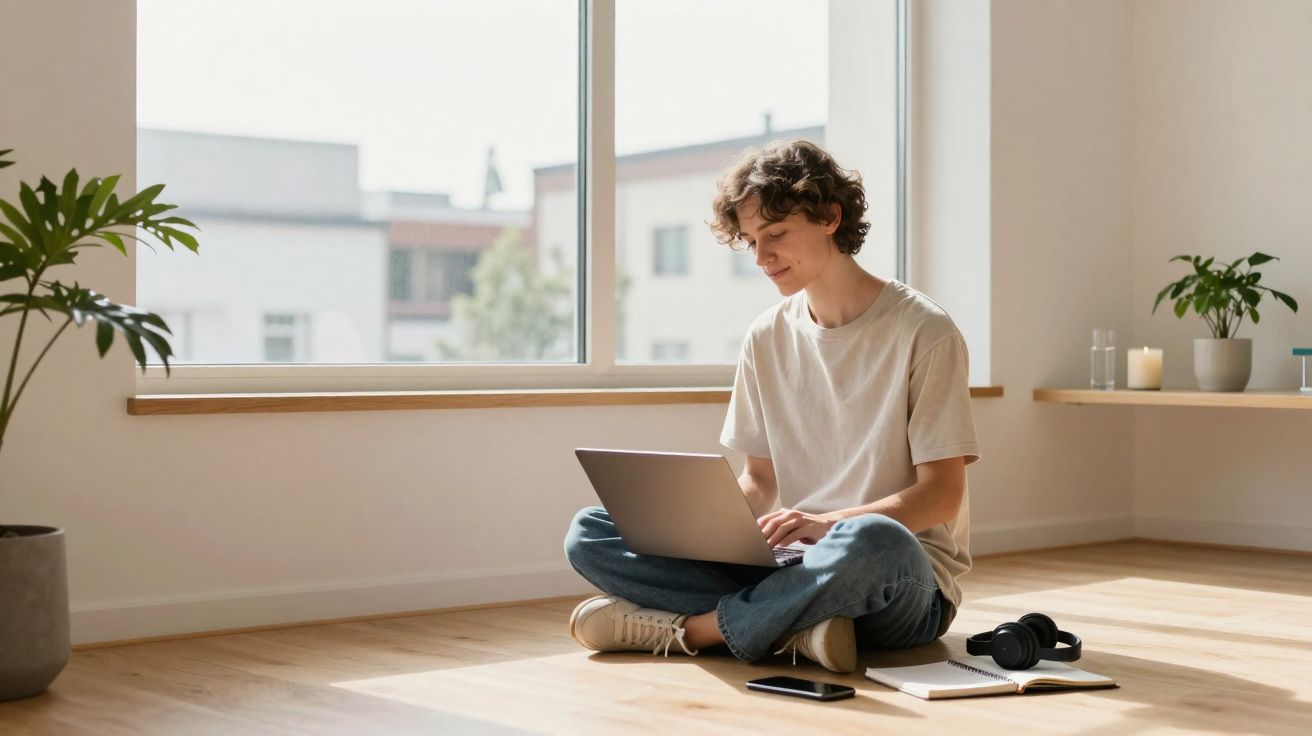 Jovem sentado no chão de madeira com notebook no colo, celular, caderno e fone ao lado, em ambiente iluminado.