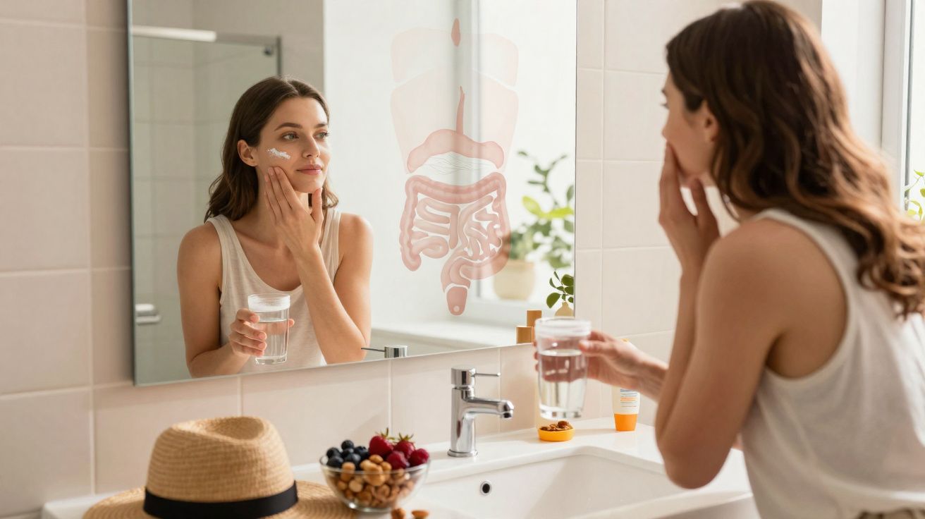 Mulher aplicando creme no rosto e segurando copo d'água em banheiro com espelho e alimentos ao lado.