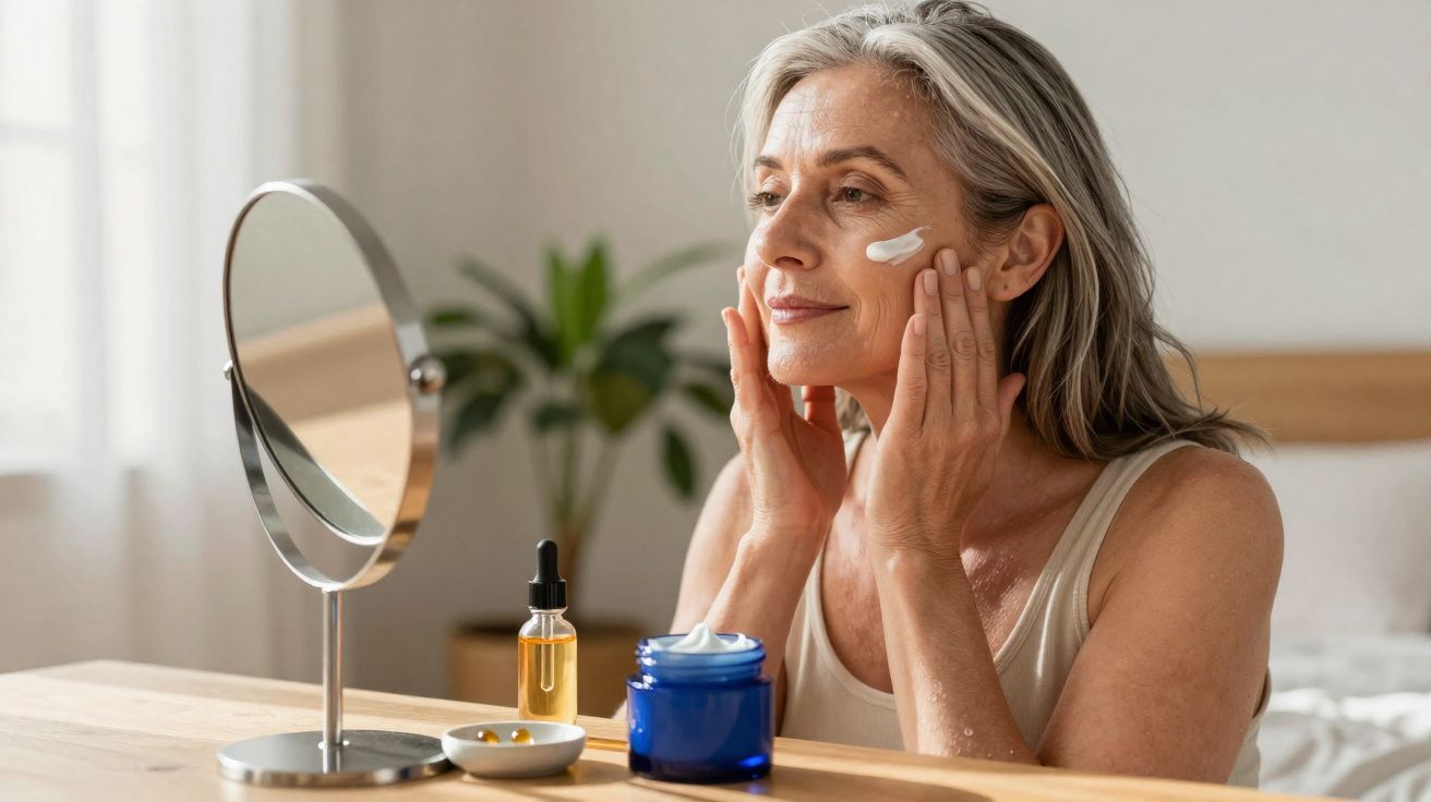 Mulher madura aplicando creme no rosto em frente a espelho em ambiente iluminado e tranquilo.
