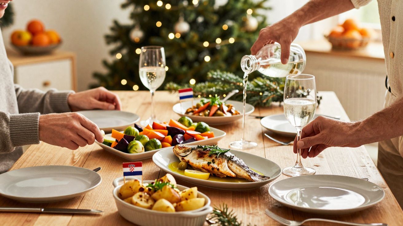 Mesa posta com pratos de peixe, legumes e batatas, decoração natalina ao fundo e pessoas servindo bebida.