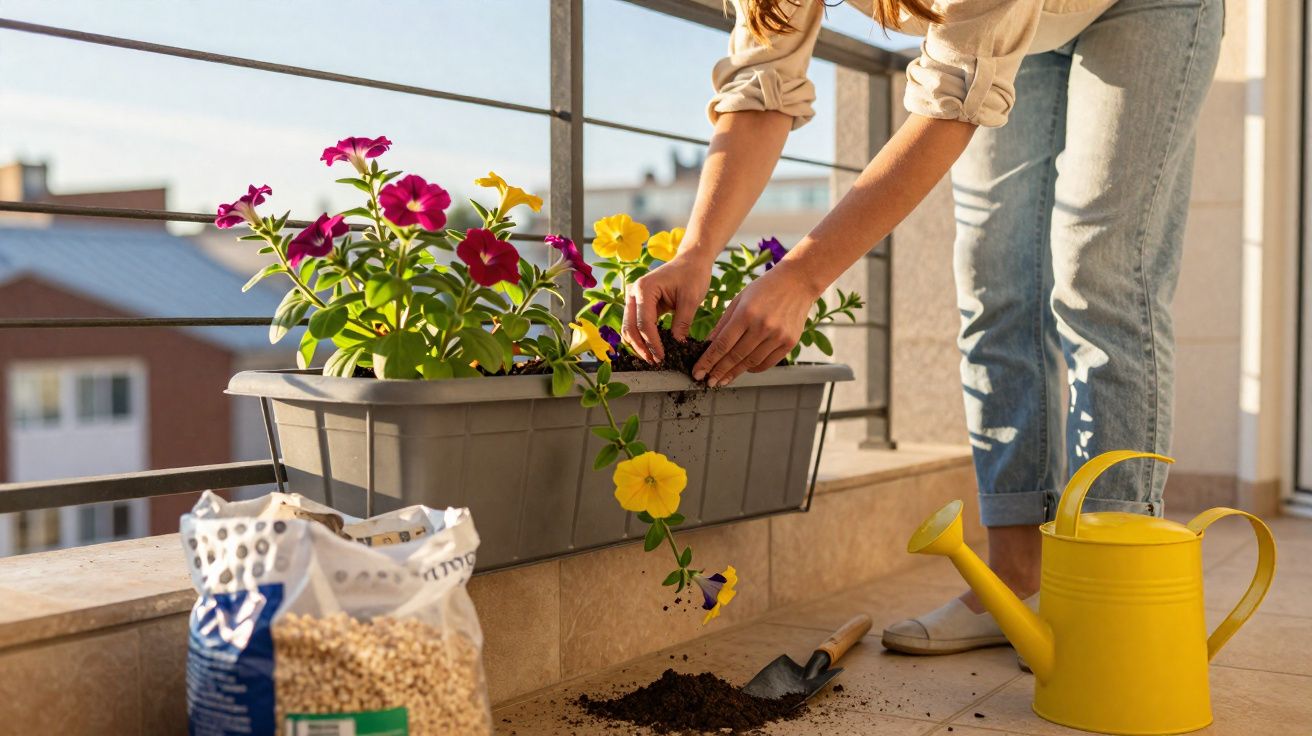 Pessoa cuidando de flores em vaso na varanda, com regador amarelo e terra ao redor.