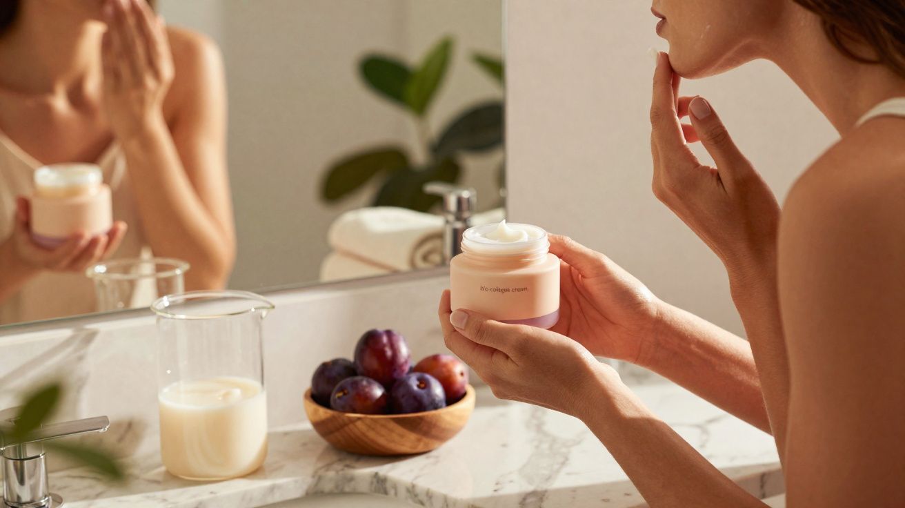 Pessoa aplicando creme facial em frente ao espelho em bancada com frutas e frasco de vidro.