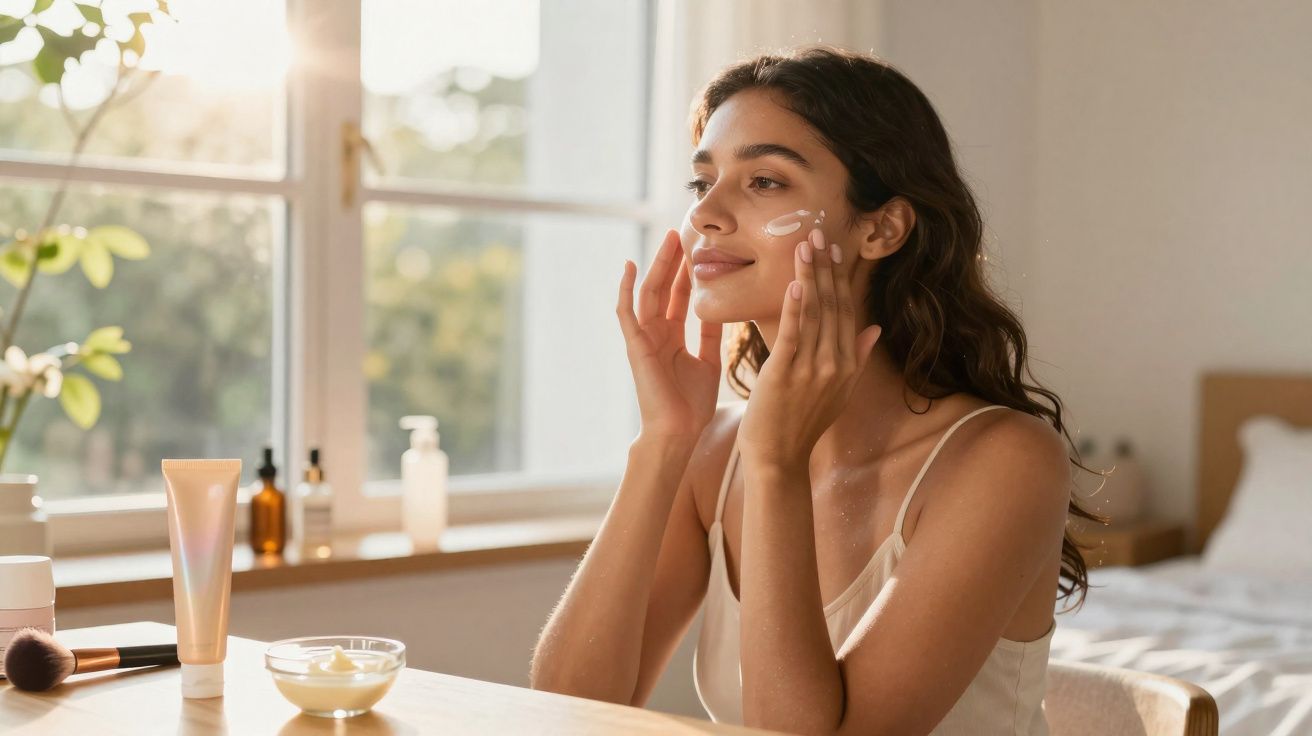 Mulher aplicando creme facial sentada à mesa em ambiente iluminado por luz natural.