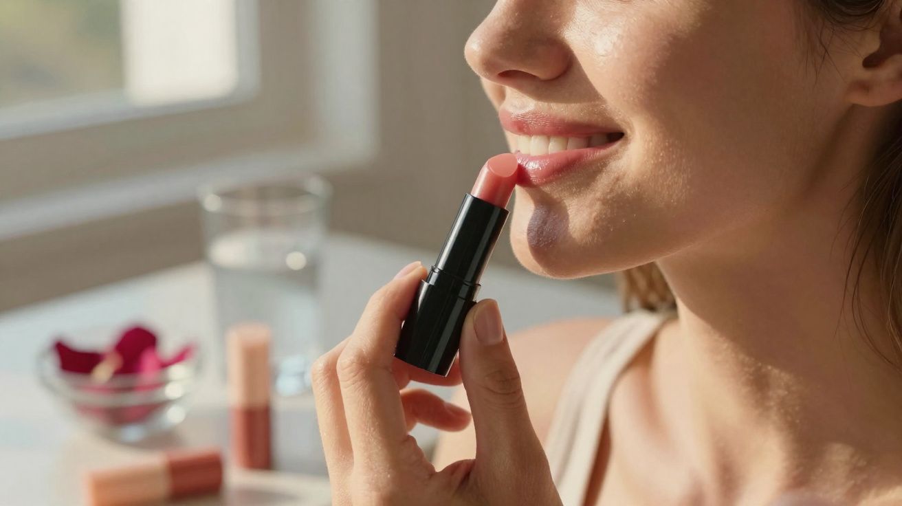 Mulher aplicando batom rosa claro com mão em foco próxima aos lábios sorridentes.