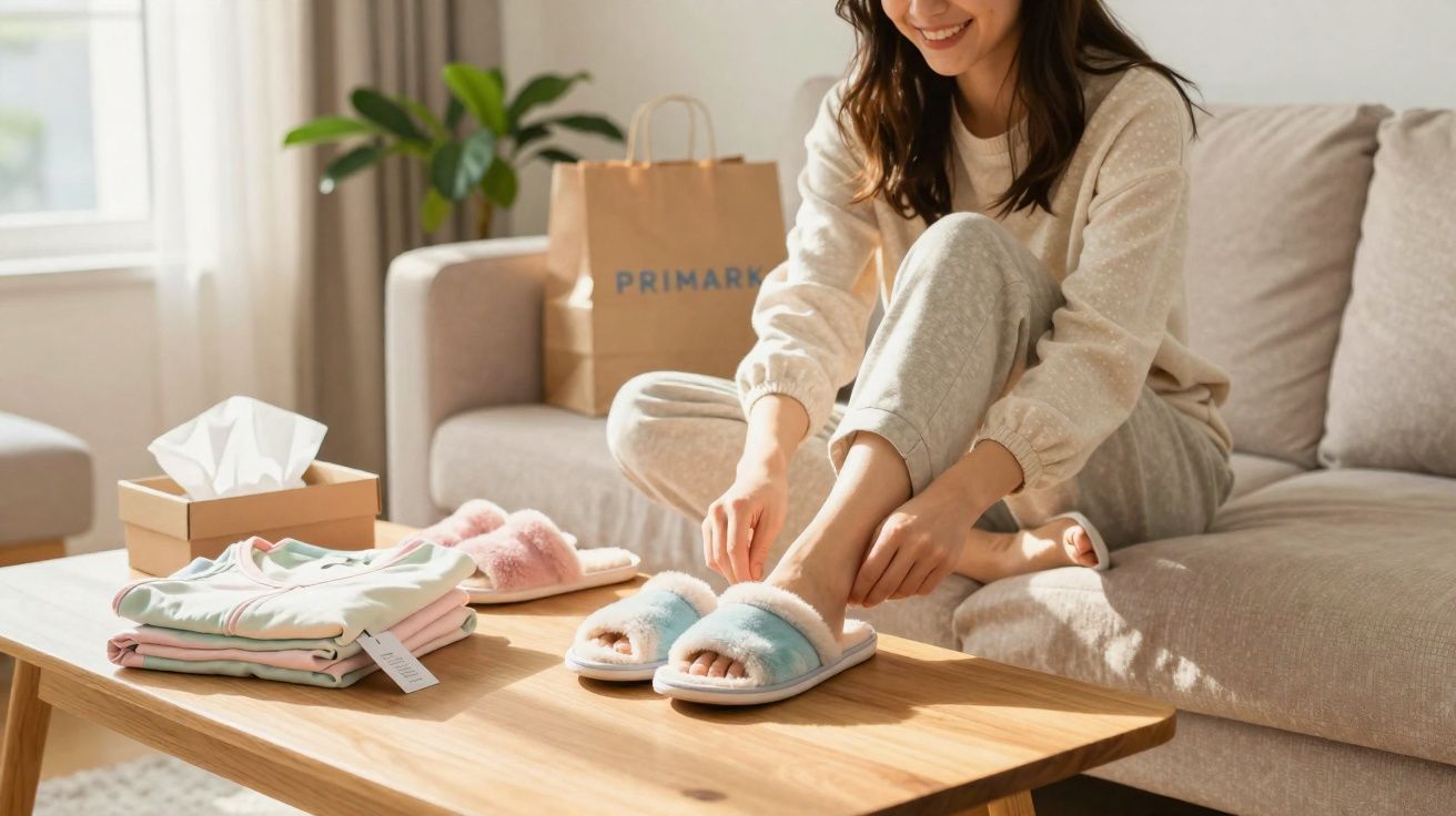Mulher sorrindo calça chinelos peludos azul e rosa sentada no sofá em sala iluminada.