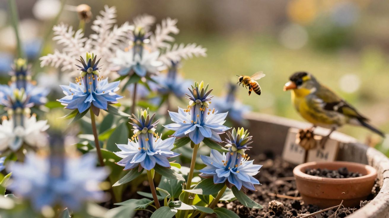 Flores azuis com abelha voando próximo e pássaro amarelo em vaso com terra ao fundo.